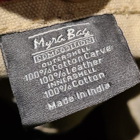 Myra Bag Leather Cotton Carve Gold Tan Cream Unique Medium Tote Bag Handbag - Picture 11 of 16